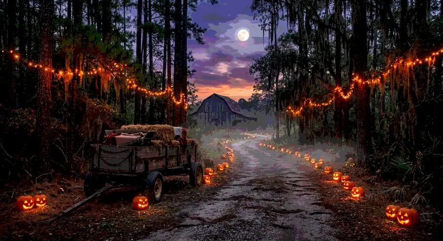 A haunted hayride trail lit up at night