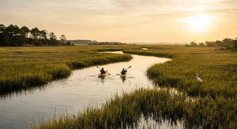 Kayaks on calm water