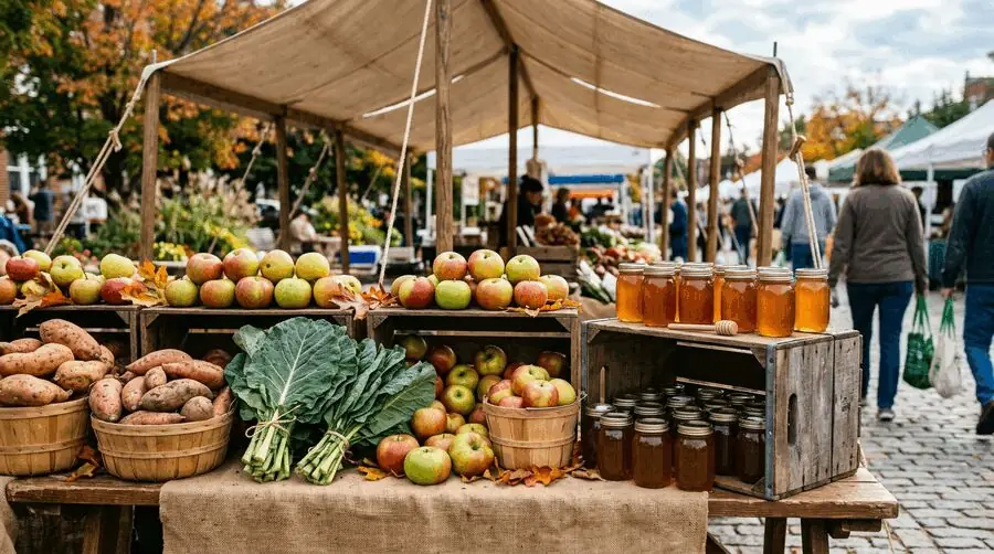 Produce stands at an open-air farmers market