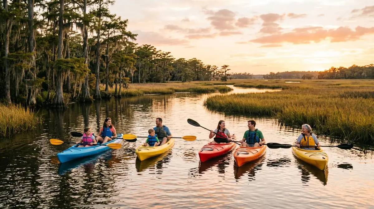 Kayakers paddling a calm river at sunset