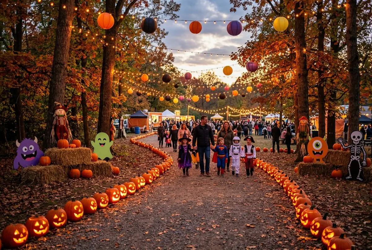 Families in costume at a Halloween night in the park
