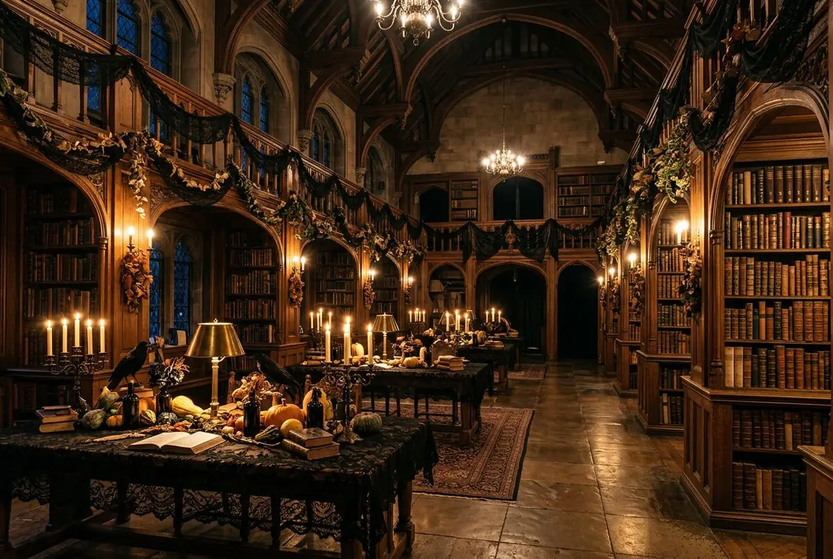 A library lit up at night for a haunted after-hours event