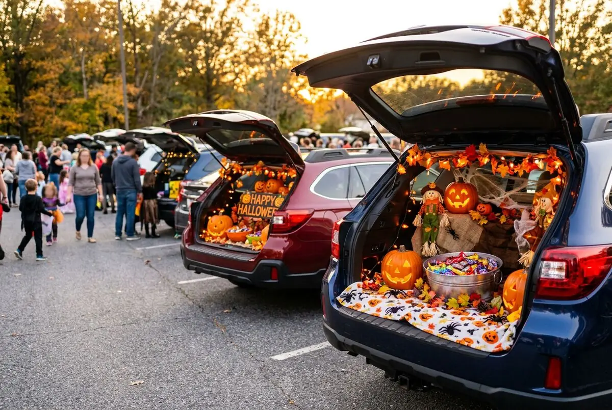 Decorated car trunks handing out candy