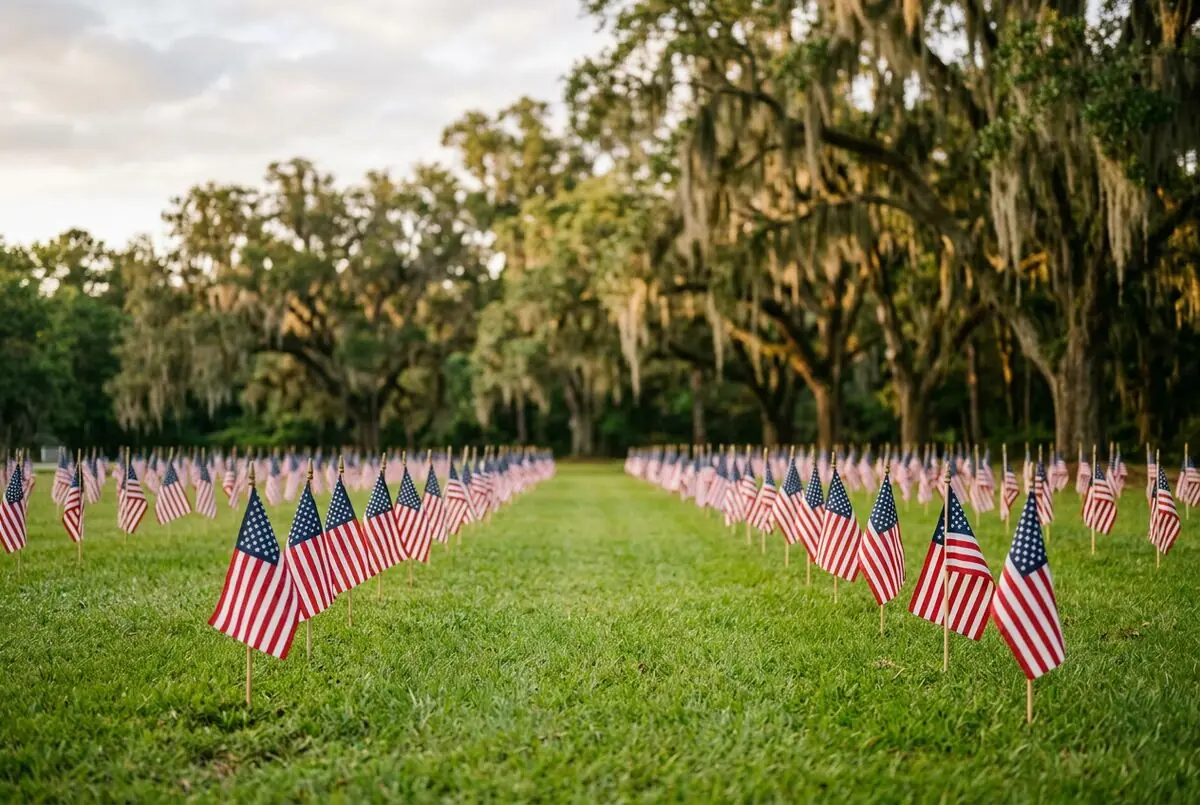 Rows of American flags at a memorial park