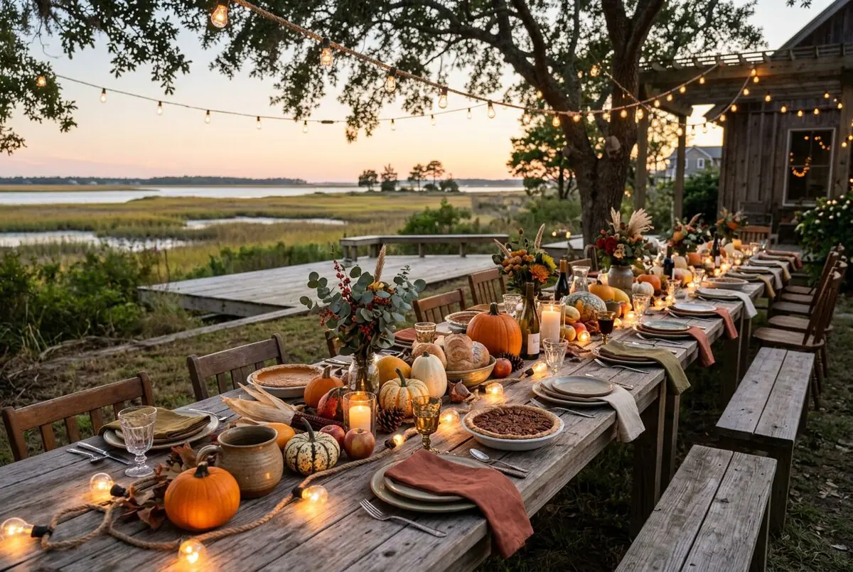 A long harvest table set for a shared meal