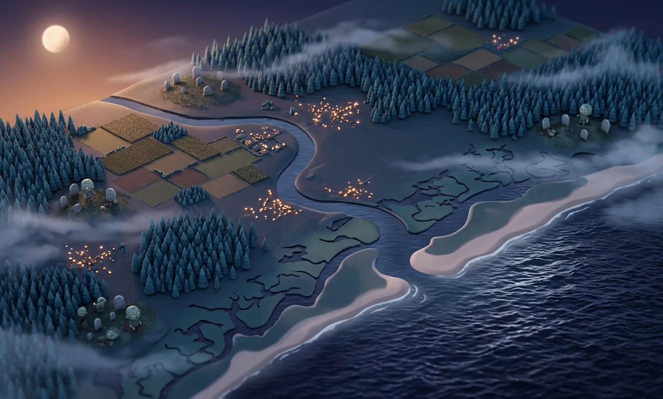Moonlit illustrated night map of Onslow County with the New River, the coast and a few friendly zombies climbing out of tiny graveyards